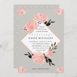 Soft Grey and Blush Floral Baby Shower Invitation