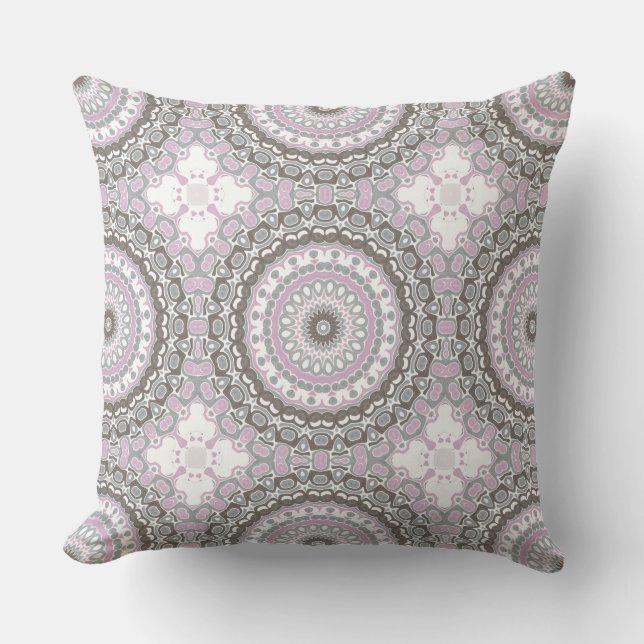 Soft Grey and Blush Pink Mandala Throw Pillow (Front)