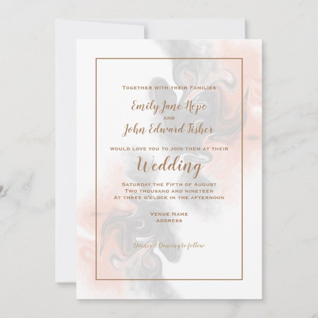 Soft Grey and Peach Swirl/Gold Typography Wedding Invitation (Front)