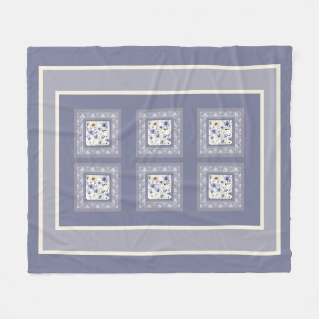 Soft grey and white floral leaves pattern fleece blanket (Front (Horizontal))