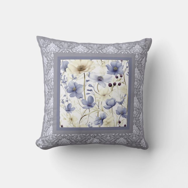 Soft grey and white floral leaves pattern throw pillow (Front)