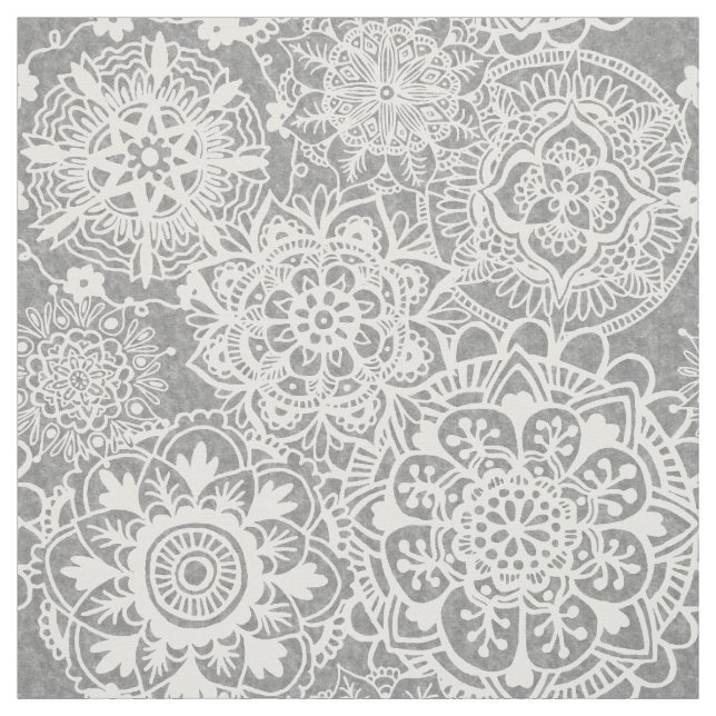 Soft Grey and White Mandala Pattern Fabric (Swatch)