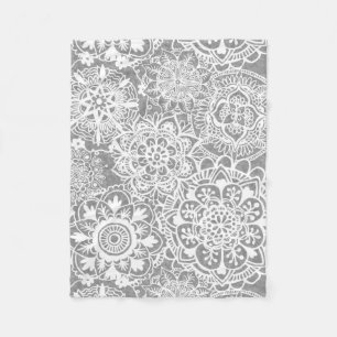 Soft Grey and White Mandala Pattern Fleece Blanket