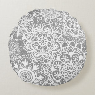 Soft Grey and White Mandala Pattern Round Pillow