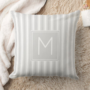 Soft Grey and White Ticking Stripe Monogram Throw Pillow
