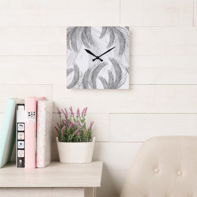 Soft Grey Black White Feather Palm Bliss 1 Square Wall Clock (Reading Room)