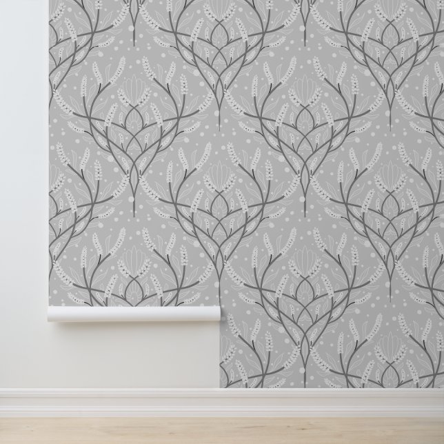 Soft Grey Botanical Vine Pattern Wallpaper (Application)