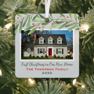 Soft Grey Greenery First Christmas New Home Metal Ornament