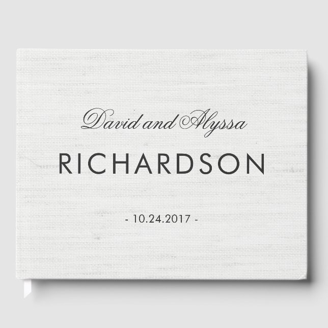 Soft Grey Linen Look with Elegant Black Text Guest Book (Front)