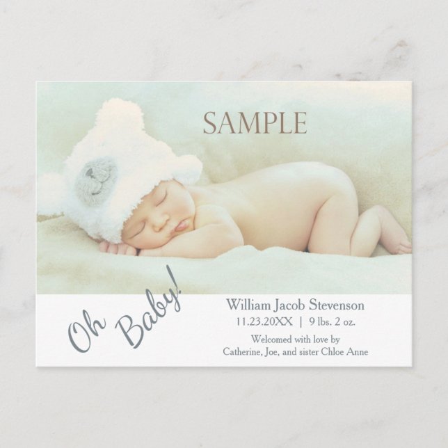 Soft Grey Oh Baby Modern Birth Announcement (Front)