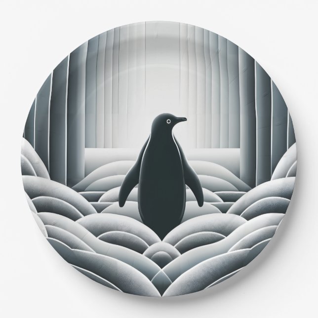 Soft Grey Penguin Arches Waves In Art Deco Paper Plate (Front)