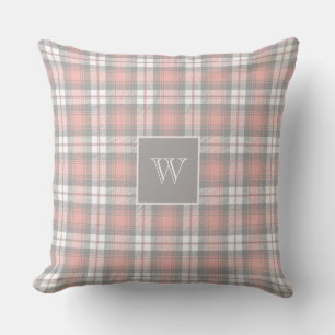 Soft Grey Pink Monogram Gingham Girly Plaid Throw Pillow