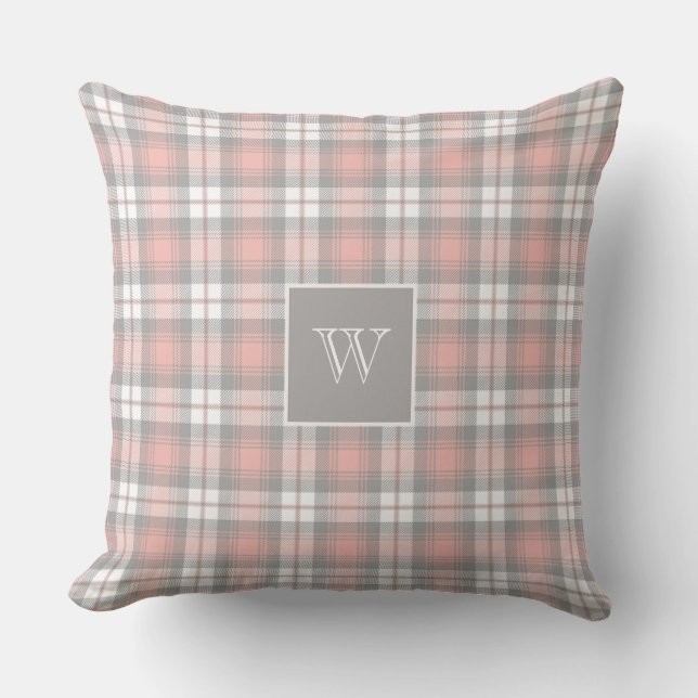 Soft Grey Pink Monogram Gingham Girly Plaid Throw Pillow (Front)