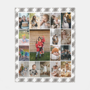 Soft Grey Plaid Border 17 Family Photo Collage Fleece Blanket