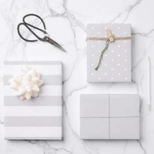Soft Grey Polka Dot Wide Striped and Solid Wrapping Paper Sheet