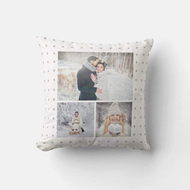 Soft Grey Polka Dots with Three Photo Grid Throw Pillow (Front)