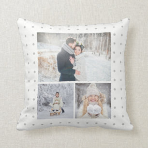 Soft Grey Polka Dots with Three Photo Grid Throw Pillow