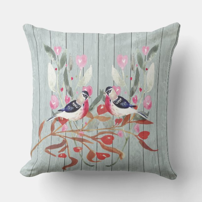 Soft Grey Wood Barn Effect Birds Flowers Large Throw Pillow (Front)