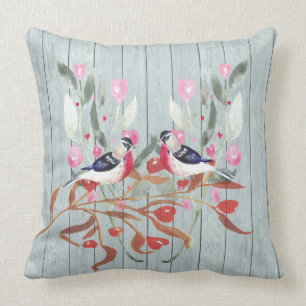 Soft Grey Wood Barn Effect Birds Flowers Large Throw Pillow