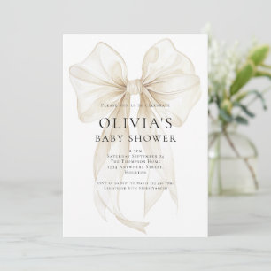 Soft Ivory Bow Text Overlay Baby Shower Invitation
