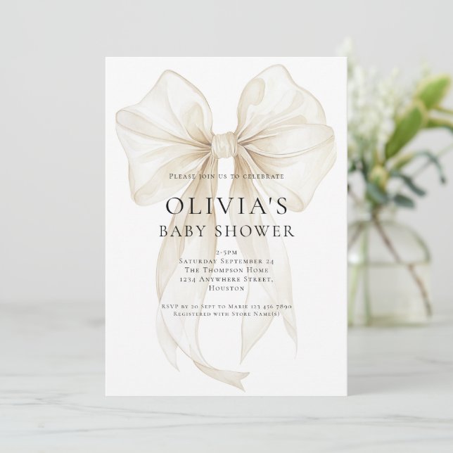 Soft Ivory Bow Text Overlay Baby Shower Invitation (Standing Front)