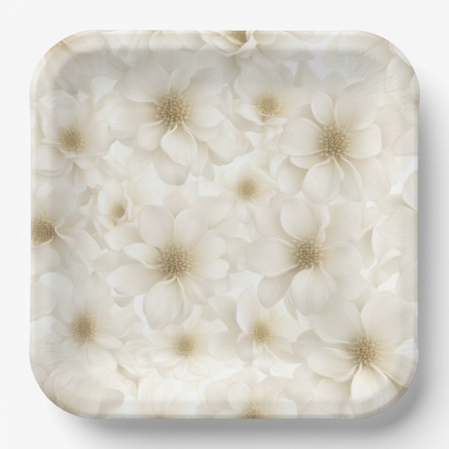 Soft Ivory Floral Abstract Paper Plate (Front)
