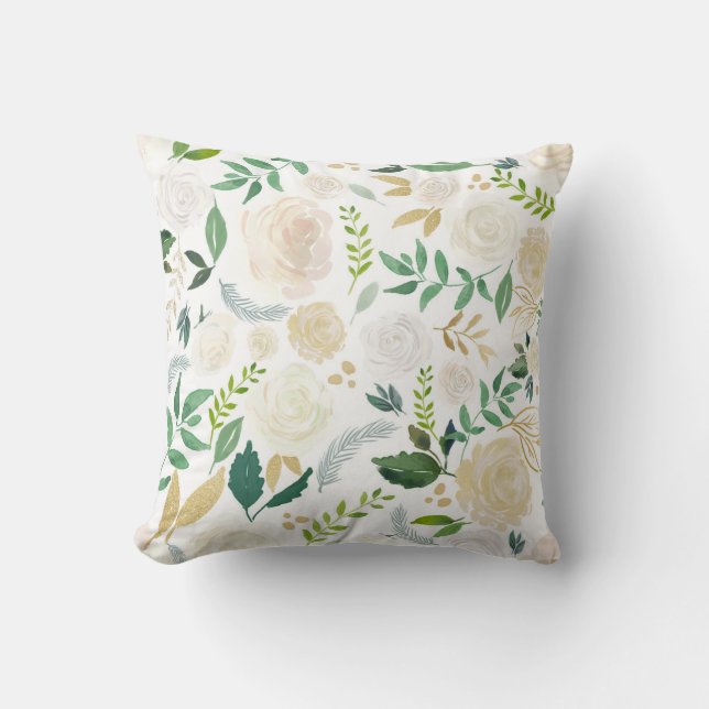Soft Ivory Floral Pattern with Gold Glitter White Throw Pillow (Front)