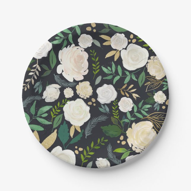 Soft Ivory Floral Pattern with Greenery Black Paper Plate (Front)