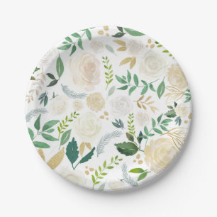 Soft Ivory Floral Pattern with Greenery White Paper Plate