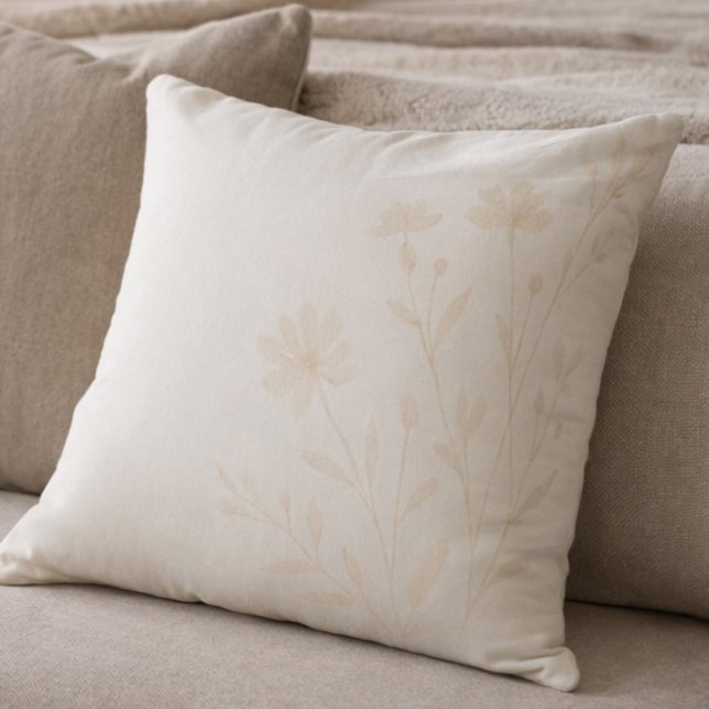 Soft Ivory Florals Throw Pillow (Muted gray and peach-beige florals designed for serene bedrooms and reading corners)