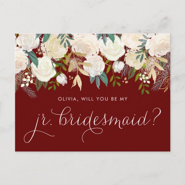 Soft Ivory Flowers Red Be My Junior Bridesmaid Invitation Postcard (Front)
