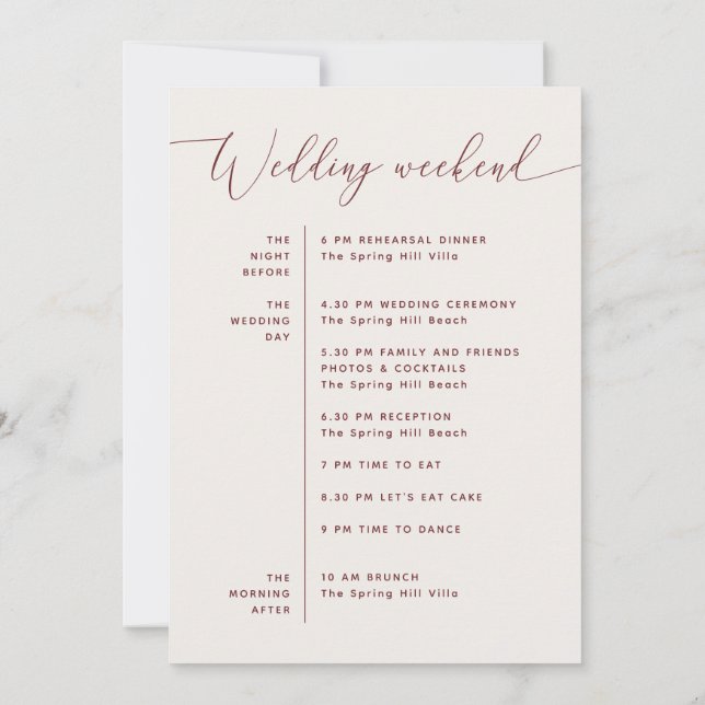 Soft Ivory Wedding Itinerary | Weekend Timeline Invitation (Back)