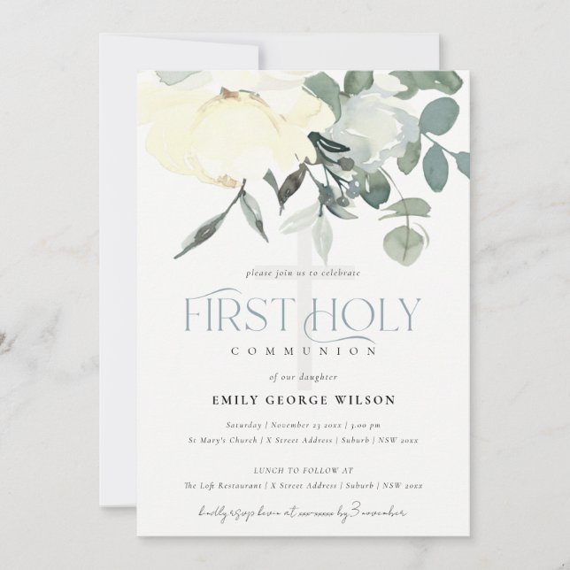 SOFT IVORY WHITE AQUA FLORAL FIRST HOLY COMMUNION INVITATION (Front)