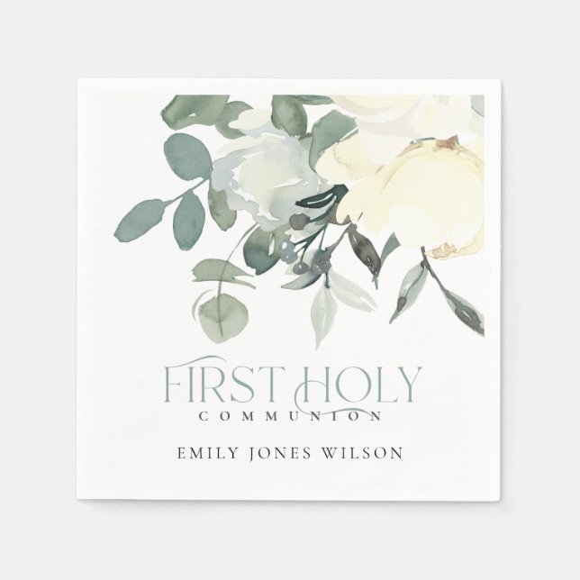 SOFT IVORY WHITE AQUA FLORAL FIRST HOLY COMMUNION NAPKIN (Front)