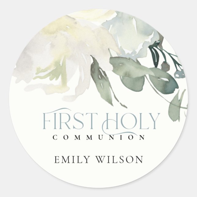 SOFT IVORY WHITE FLORAL AQUA FIRST HOLY COMMUNION CLASSIC ROUND STICKER (Front)