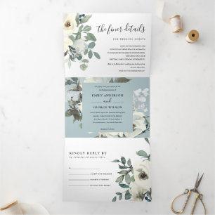 SOFT IVORY WHITE FLORAL WATERCOLOR BUNCH WEDDING Tri-Fold INVITATION