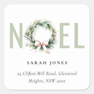 Soft Joy Blush Green Christmas Wreath Address Square Sticker