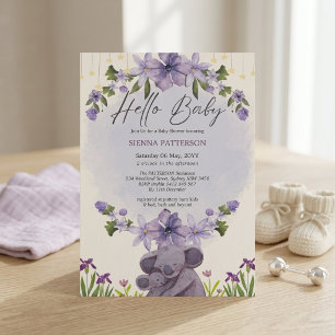 Soft Lavender Koala Floral Watercolor Baby Shower Invitation