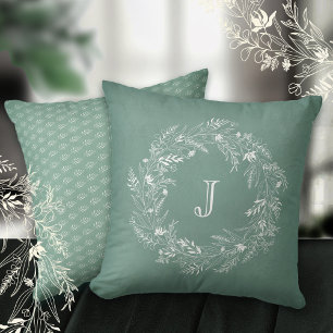 Soft leafy botanical frame letter J Throw Pillow