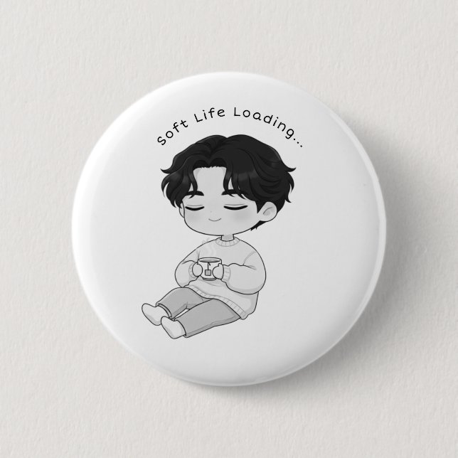 Soft Life Loading Cozy Chibi Boy Tea 2 Inch Round Button (Front)