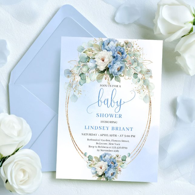 Soft Light Blue Peonies Greenery Gold Baby Shower Invitation (Soft Light Blue Peonies Greenery Baby Shower Invitation)