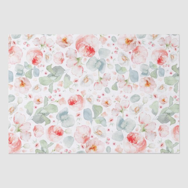 Soft Light Pink Watercolor Flowers Botanical  Tissue Paper (Front)