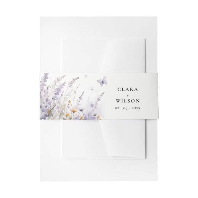 Soft Lilac Wildflower Butterfly Garden Wedding Invitation Belly Band (Front Example)