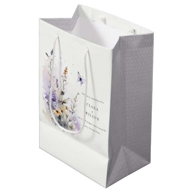 Soft Lilac Wildflower Butterfly Garden Wedding Medium Gift Bag (Front Angled)