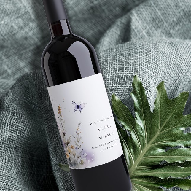 Soft Lilac Wildflower Butterfly Garden Wedding Wine Label (Creator Uploaded)