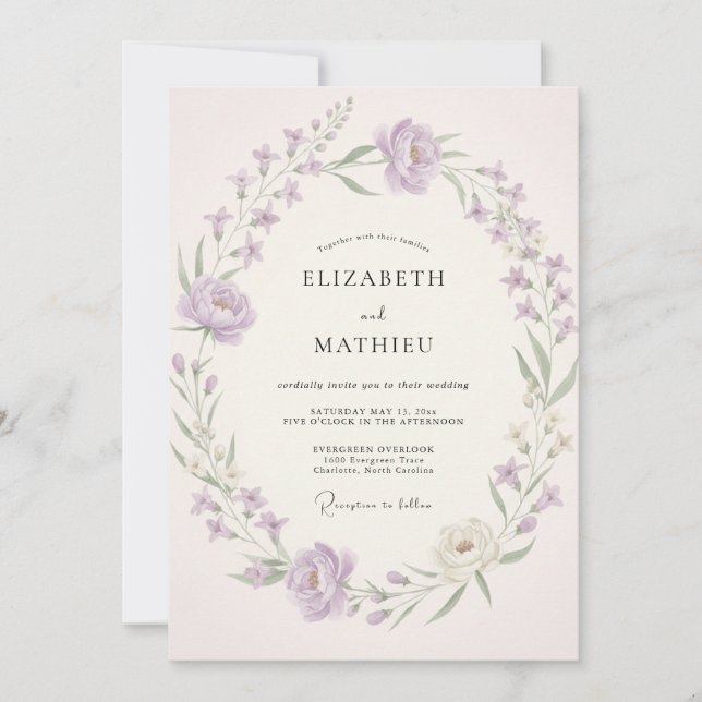 Soft Lilac Wreath Wedding Invitation (Front)