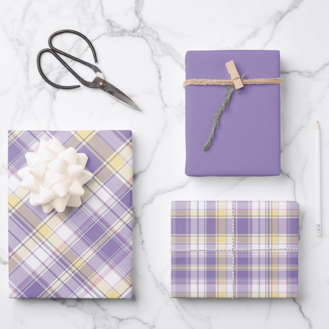 Soft Lilac, Yellow & White Plaid Wrapping Paper Sheet (Front)