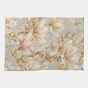Soft Magnolia Butterfly Botanical Pattern Kitchen Towel