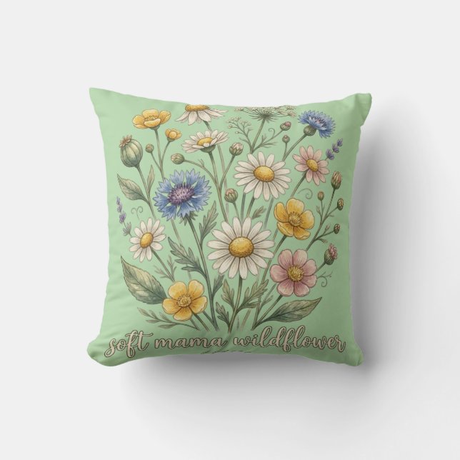 Soft Mama Wildflower Cursive Floral Design Throw Pillow (Front)