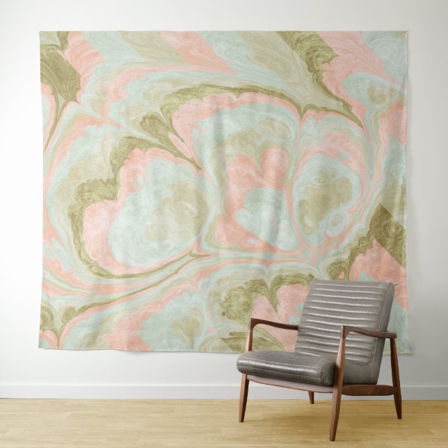 Soft Marble Swirl Pattern Mint, Coral and Olive Tapestry (In Situ (Horizontal))